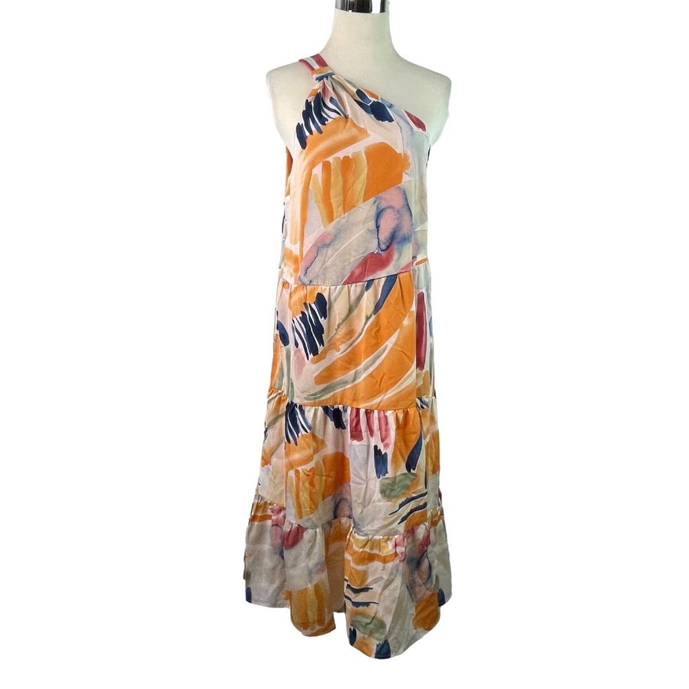 Entro‎ One Shoulder Dress Midi Orange Size M Abstract Midi Shift New